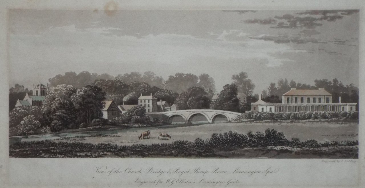 Aquatint - View of the Church, Bridge & Royal Pump Room, Leamington Spa. Engraved for W. G. Elliston's Leamington Guide. - Fielding